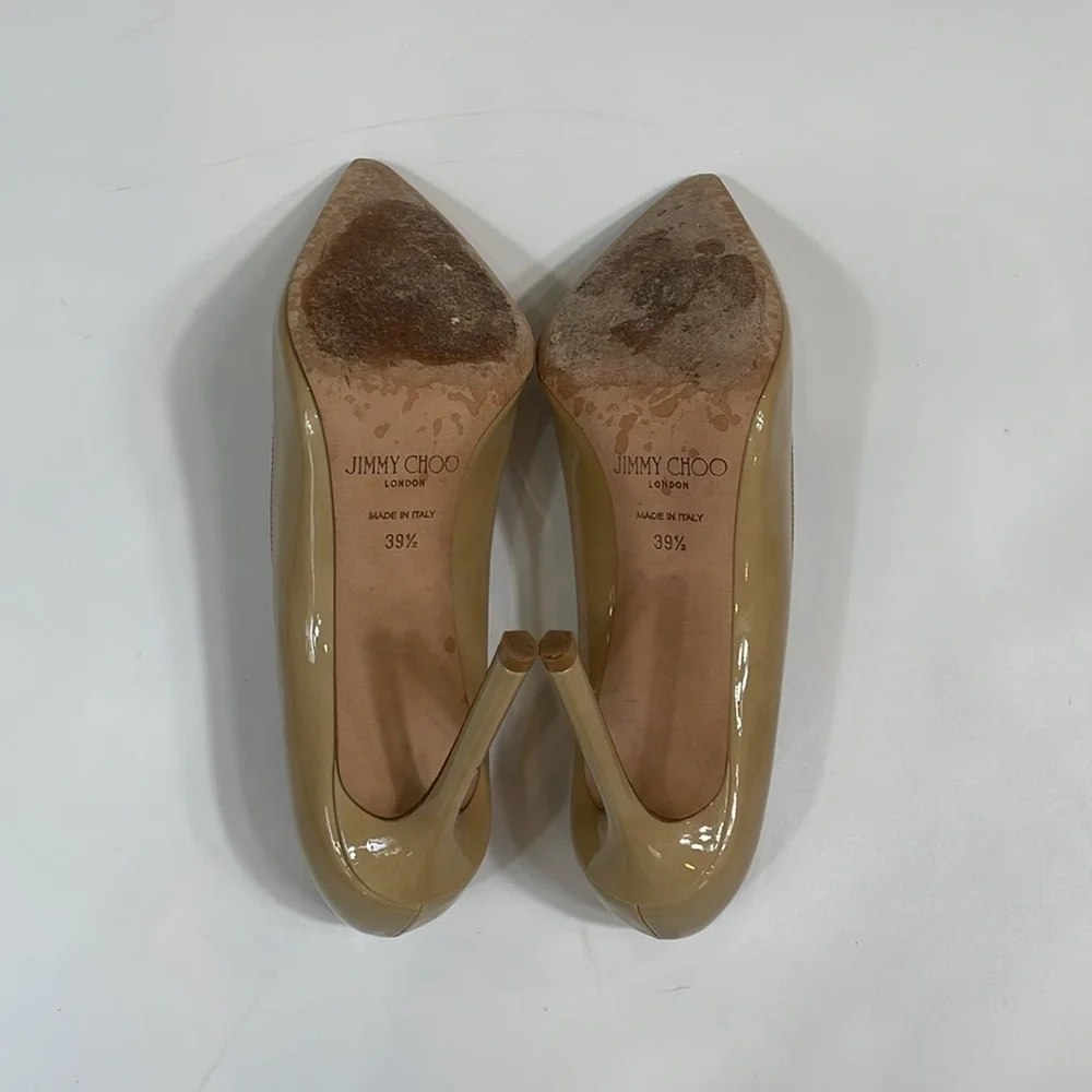 Jimmy Choo Stiletto Heels Nude Patent Leather 39.5 Made In Italy EUC